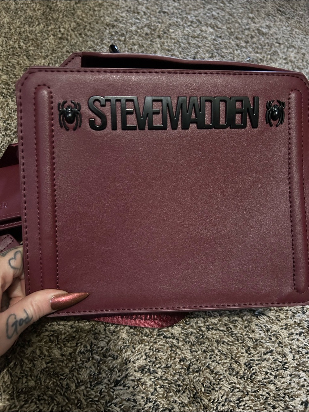 Steve Madden Burgundy Leather Messenger Bag with Black Logo